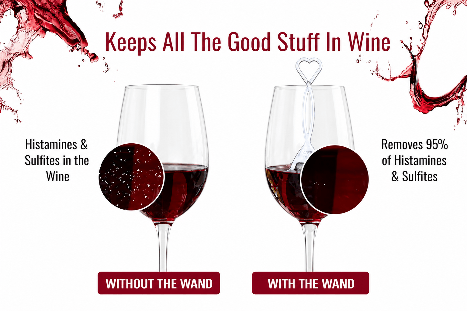 The Wand wine purifier stick next to a glass of red wine